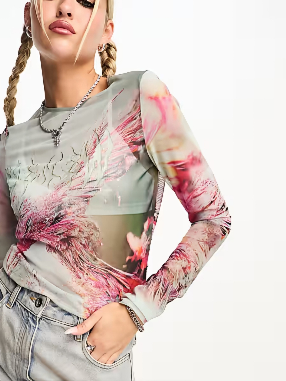 Weekday Blur Sheer Graphic Long Sleeve Top Large